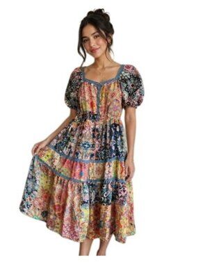 Johnny Was Multicolor Boho Patchwork Maxi Dress XS Cotton Embroidered Puff Sleev